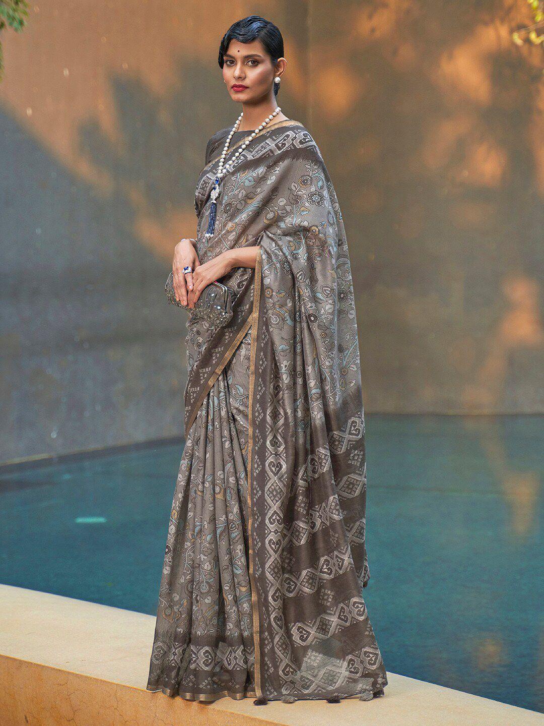 anouk charcoal & gold-toned floral zari bagh saree