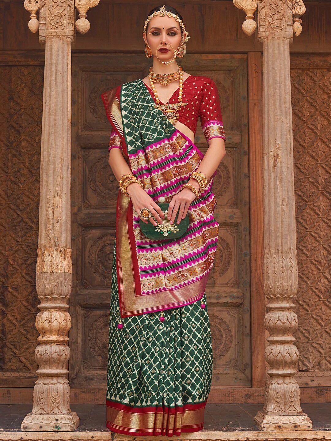 anouk green & pink zari silk blend banarasi saree