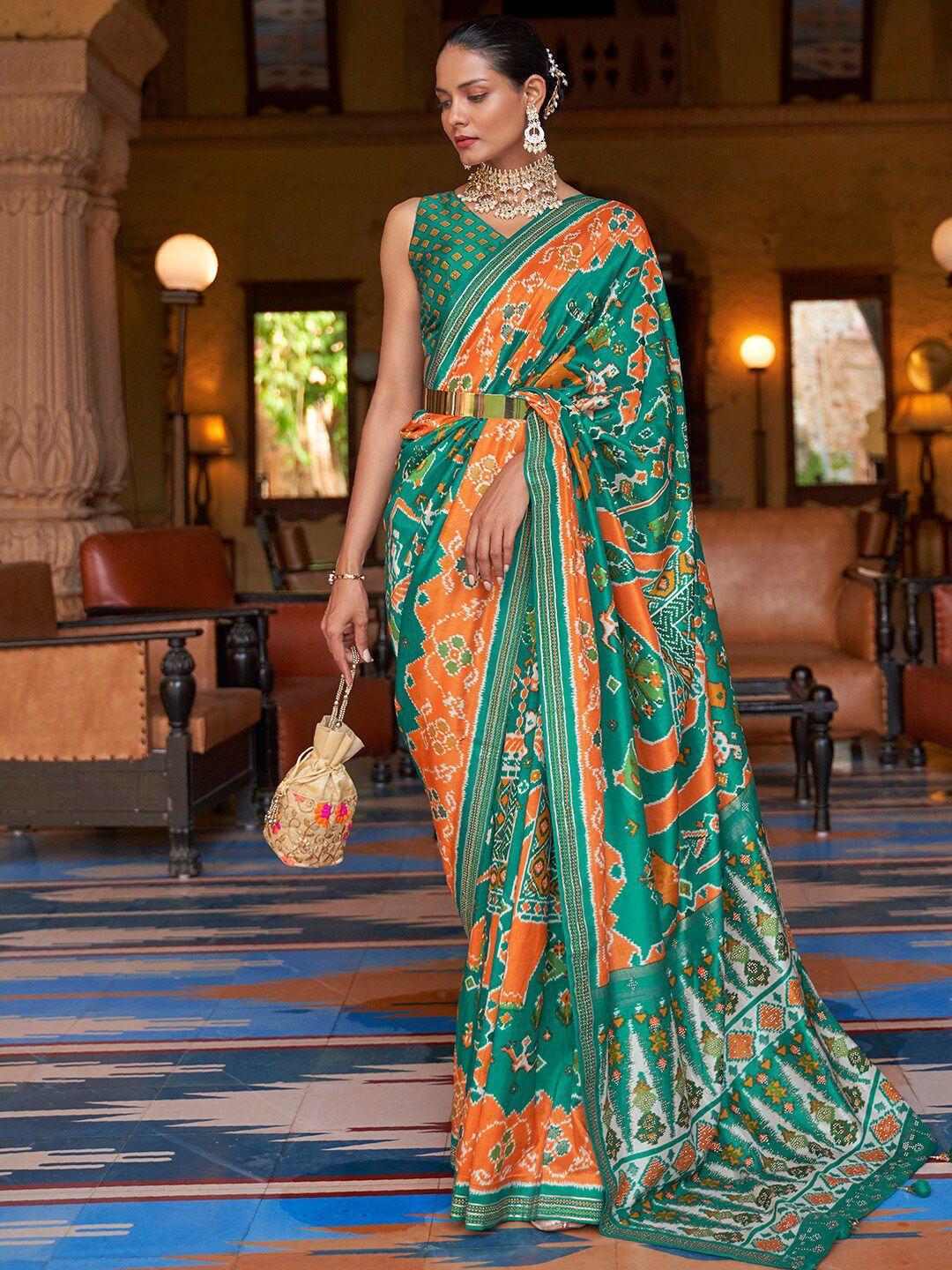 anouk sea green & orange ethnic motifs silk blend patola saree