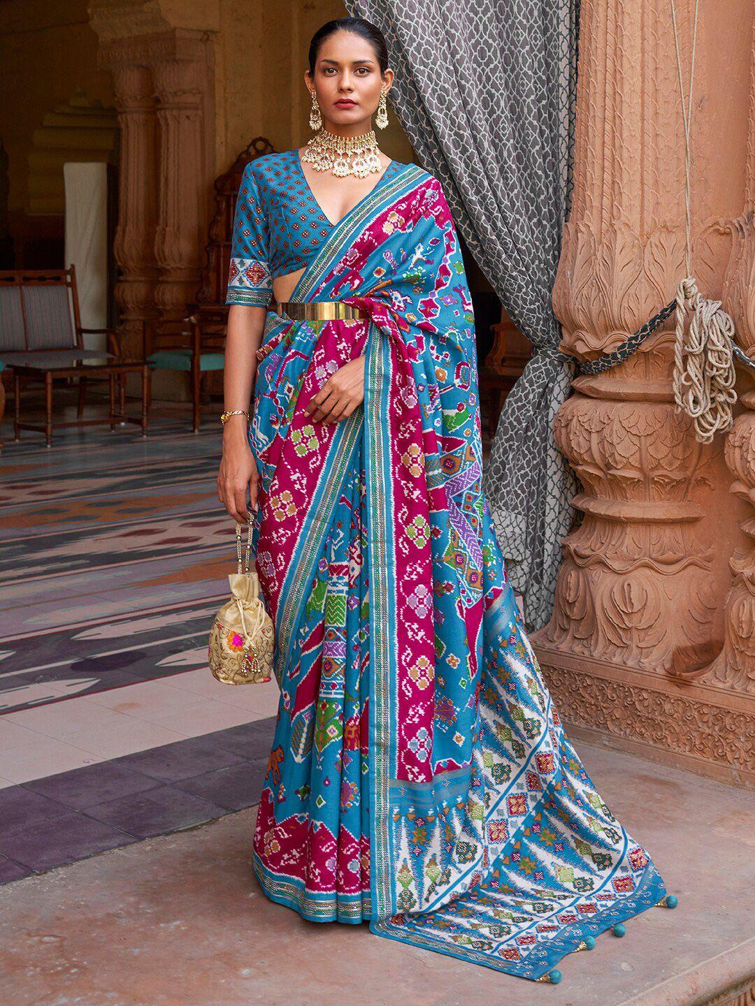 anouk blue & pink ethnic motifs beads and stones silk blend patola saree