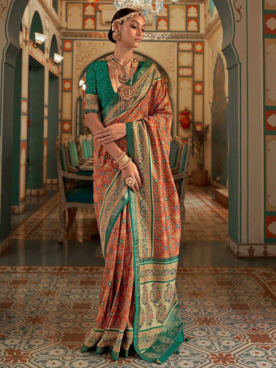 anouk rust & green ethnic motifs zari silk blend banarasi saree