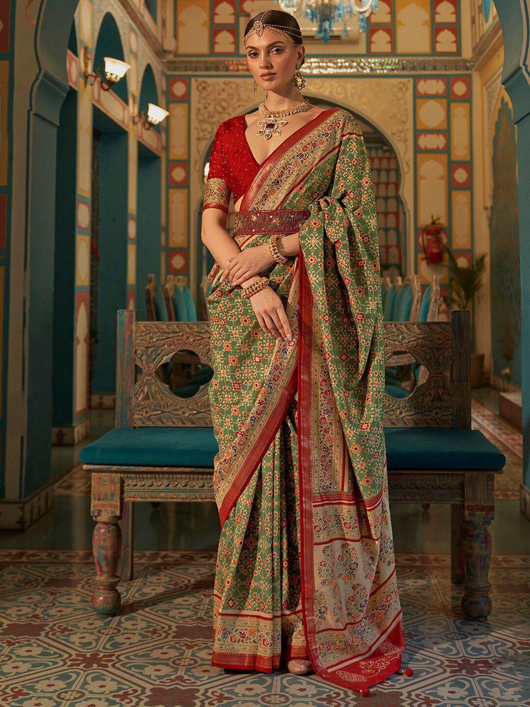 anouk green & maroon ethnic motifs zari silk blend banarasi saree