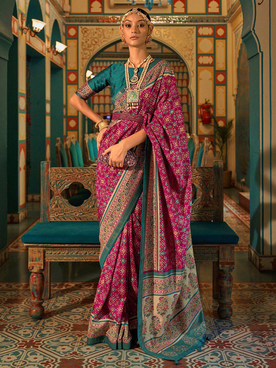 anouk magenta & blue ethnic motifs silk blend banarasi saree