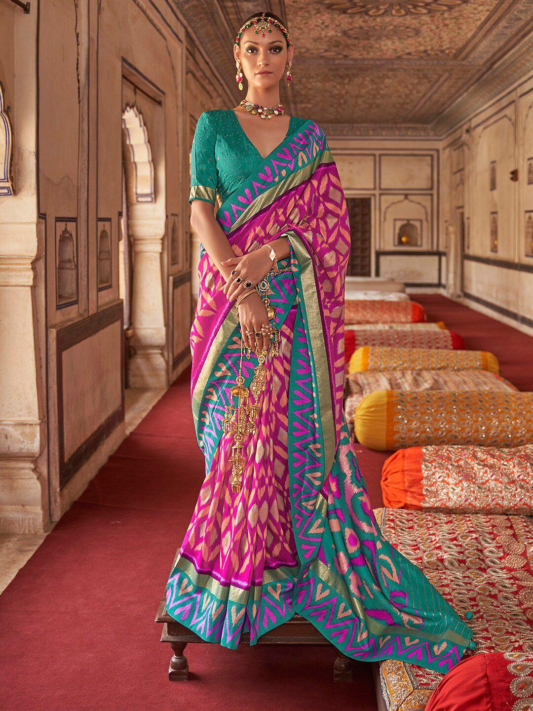 anouk magenta & blue ethnic motifs zari silk blend ikat saree