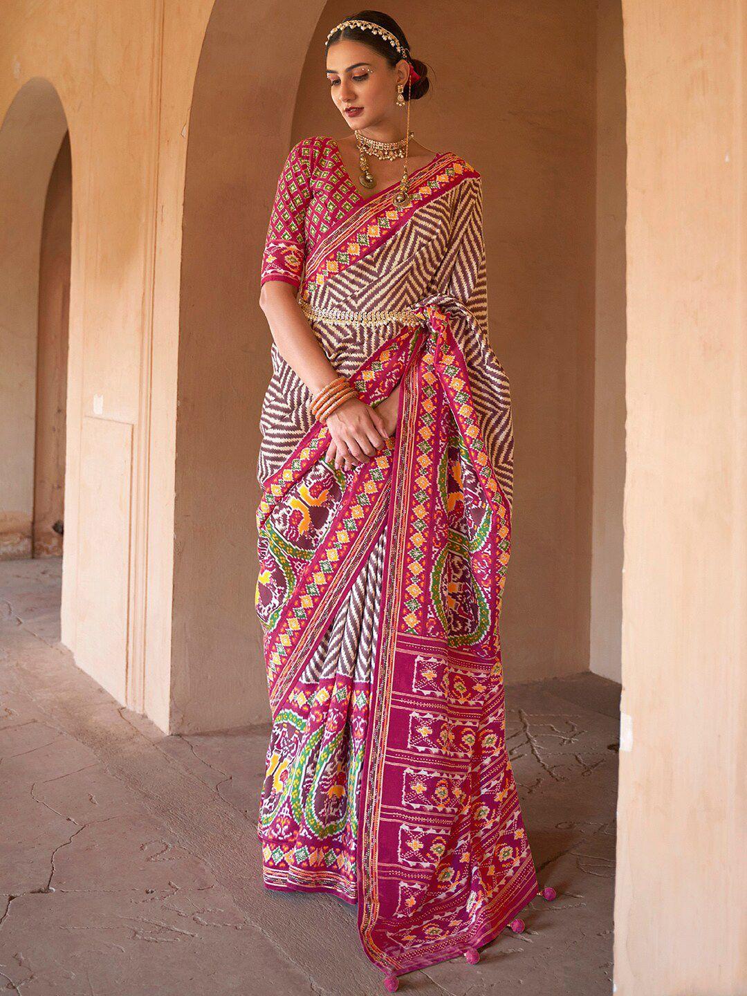 anouk brown & pink silk blend patola saree