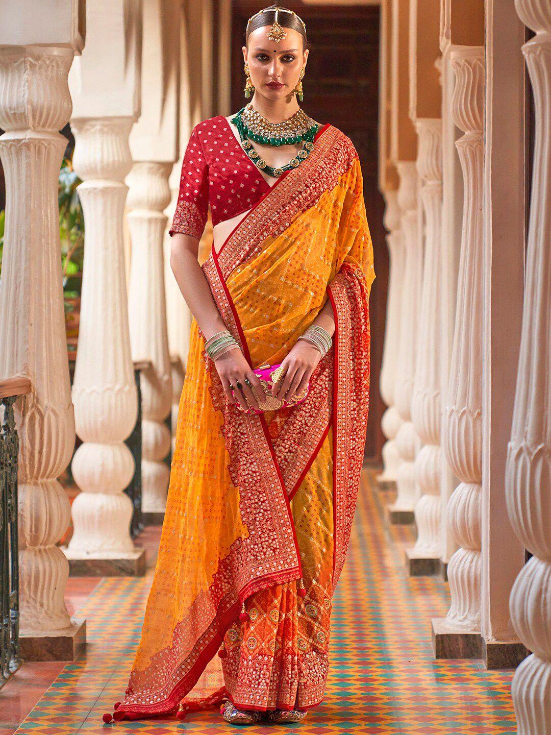 anouk yellow & maroon bandhani pure georgette leheriya saree