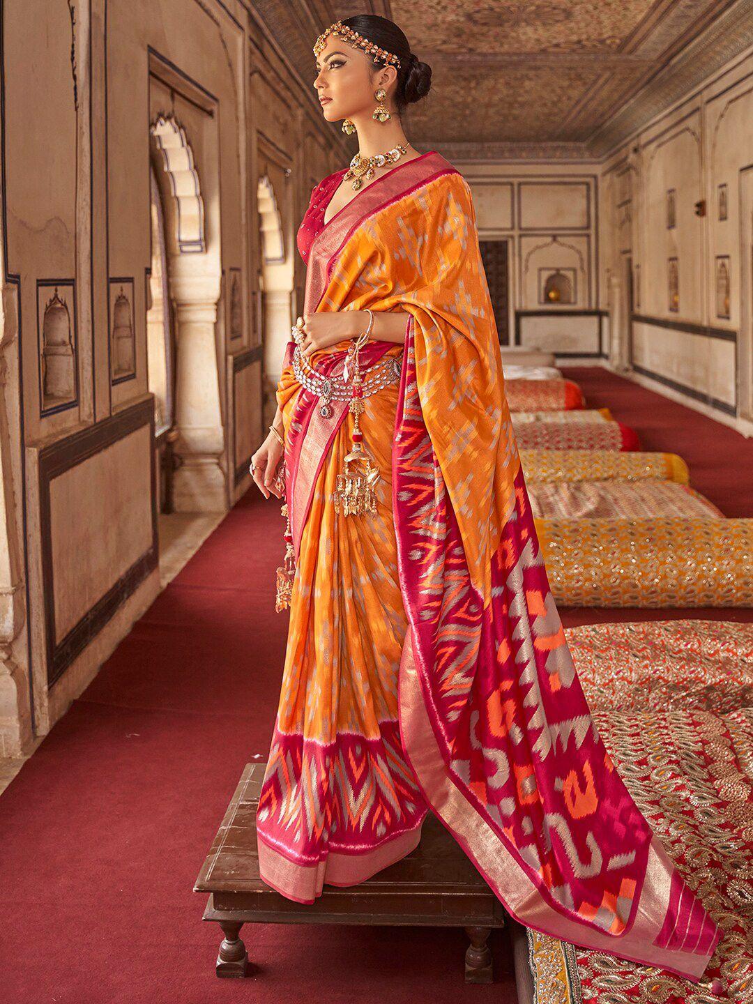 anouk mustard & red ethnic motifs zari silk blend ikat saree