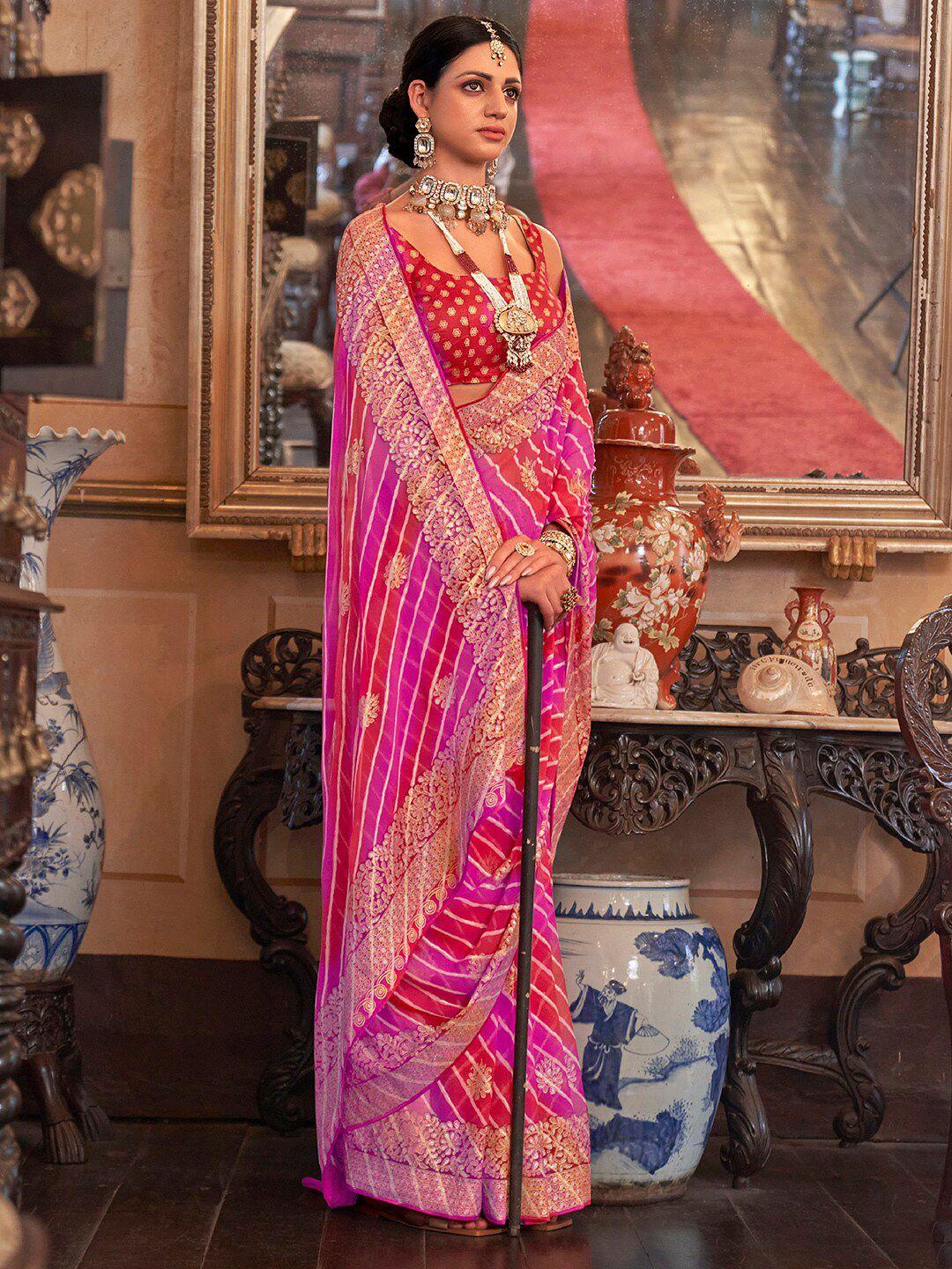 anouk pink printed embroidered pure georgette leheriya saree