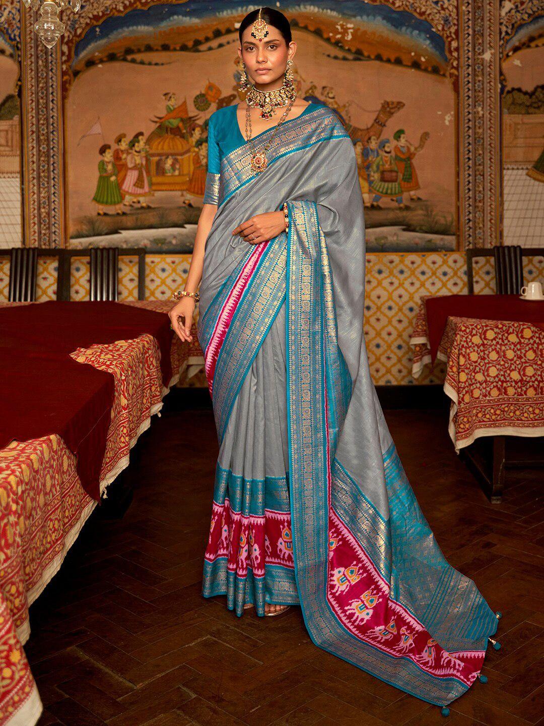 anouk grey & pink zari silk blend patola saree