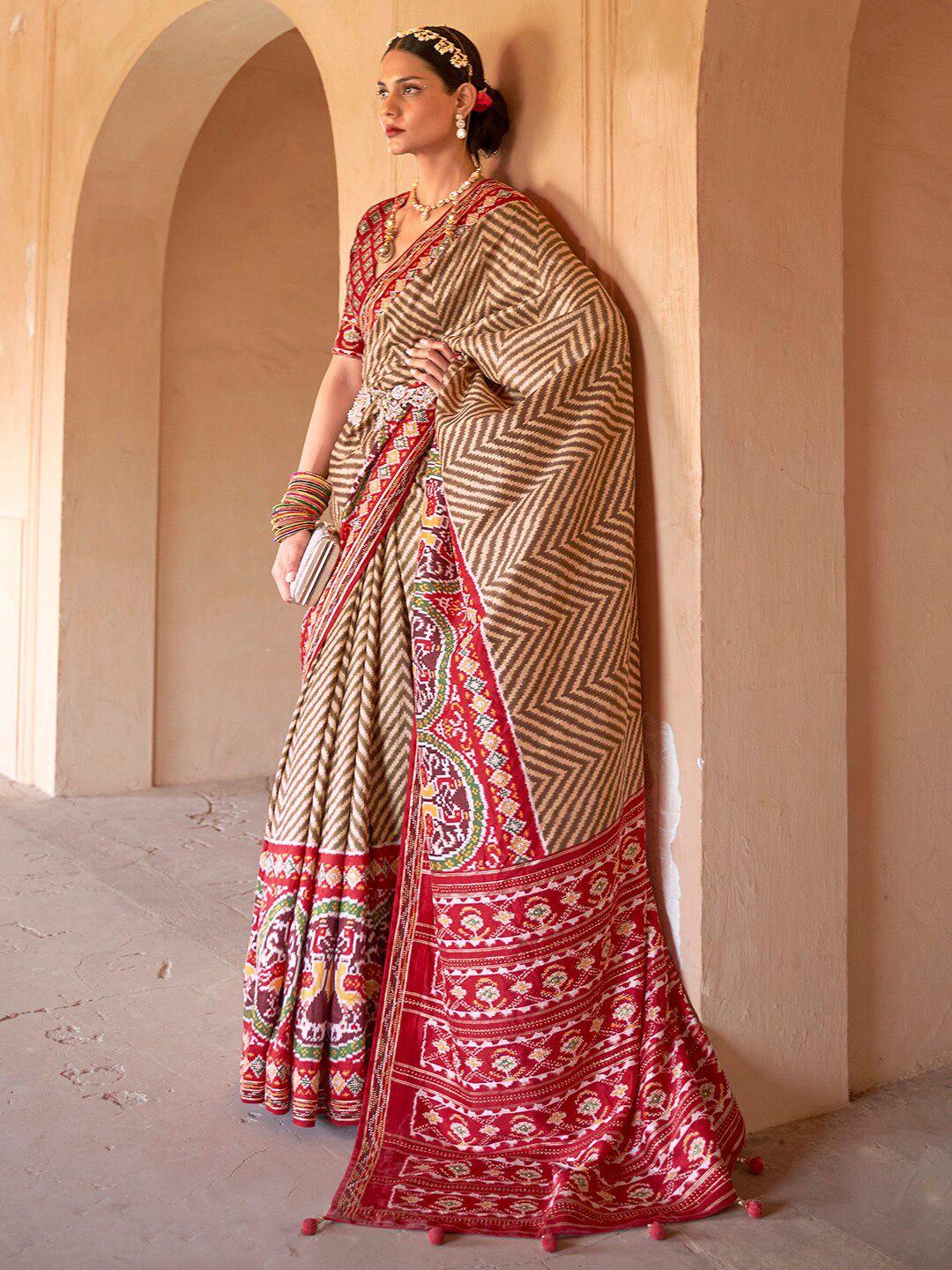 anouk maroon & green silk blend patola saree