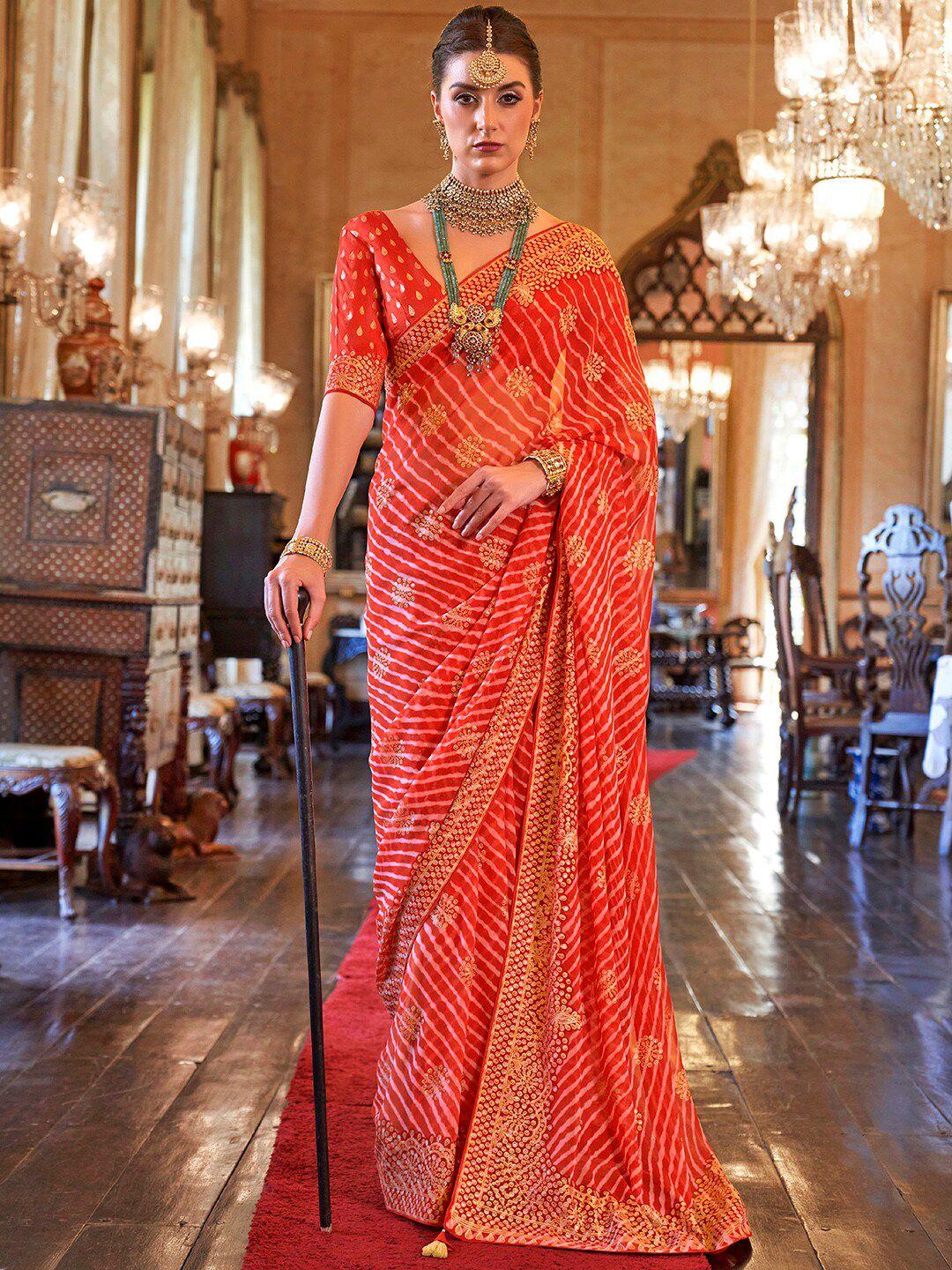 anouk red & white floral pure georgette leheriya saree