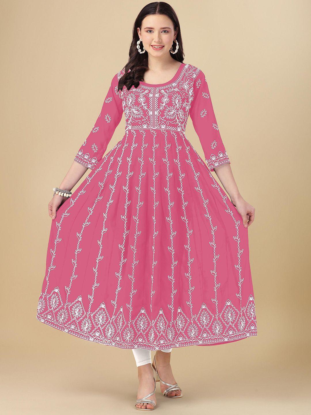 shree ramkrishna fab women pink floral printed flared sleeves sequinned georgette anarkali kurta