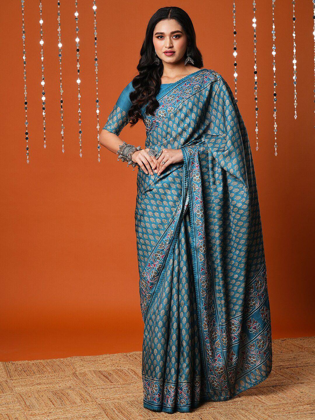 anouk blue floral printed saree