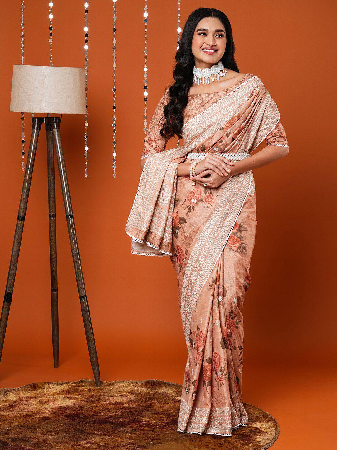 anouk cream-coloured floral printed embroidered saree