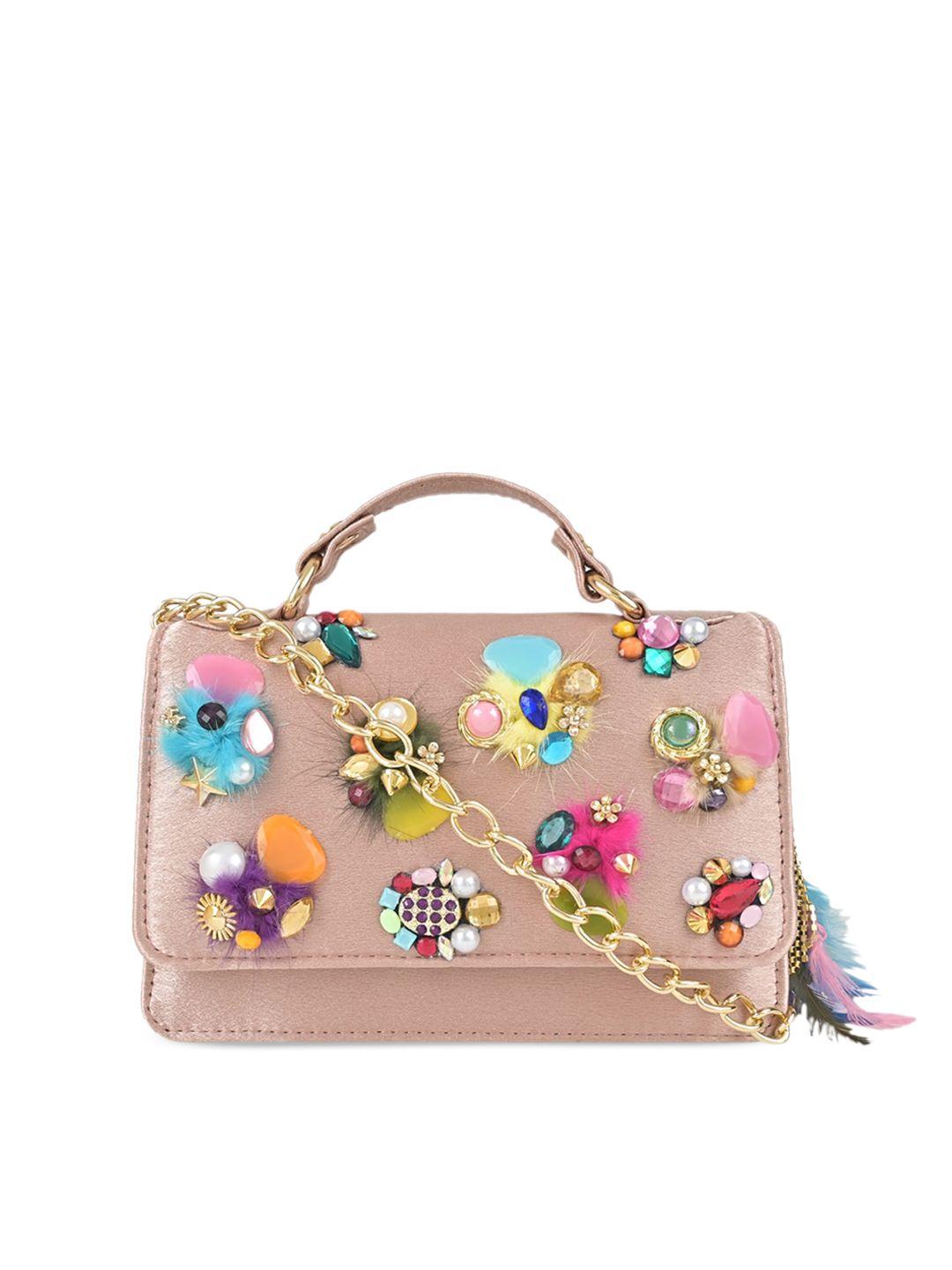 vdesi gold-toned floral embellished structured satchel