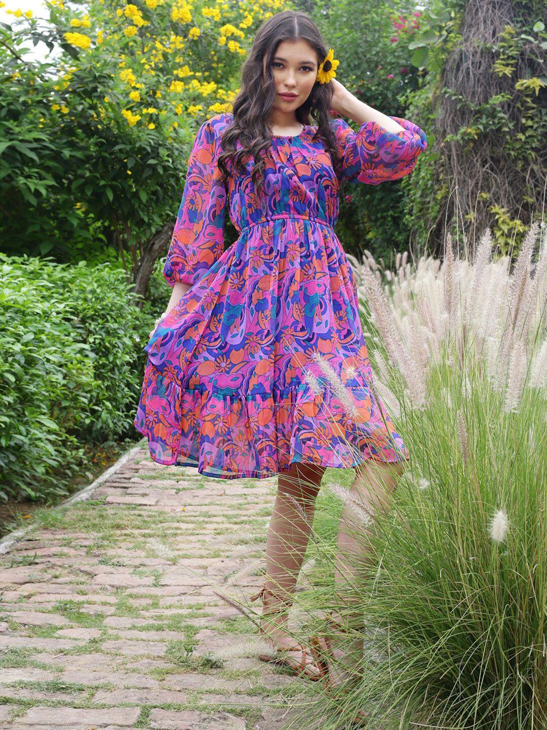 sera violet & pink floral print balloon sleeve chiffon dress