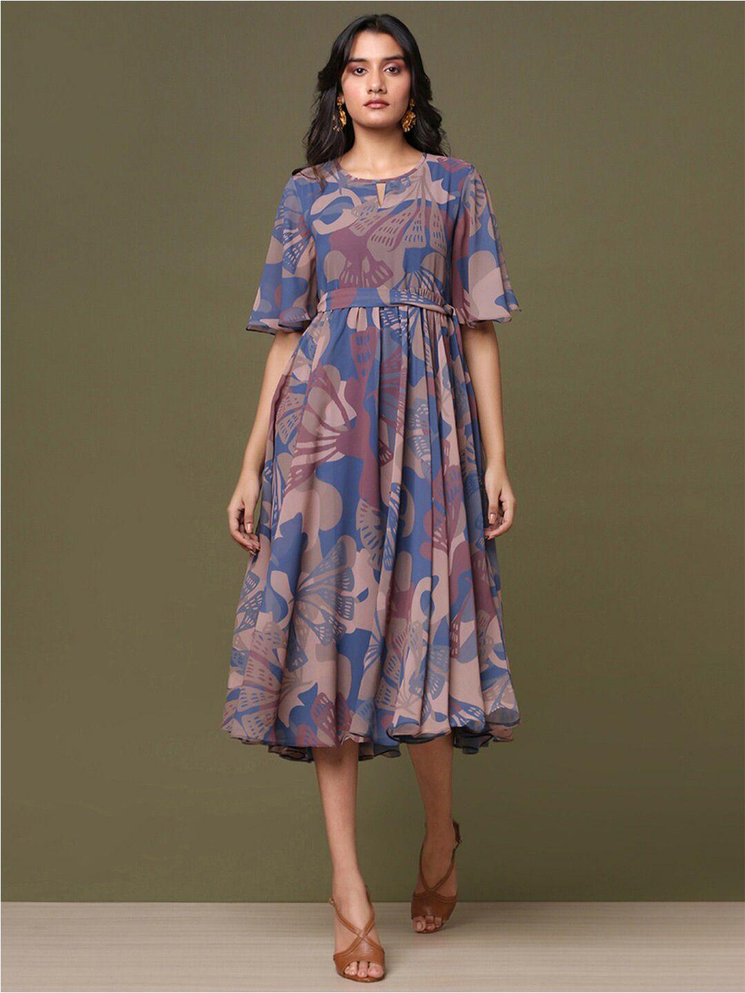 marigold lane floral printed flared sleeve a-line midi dress