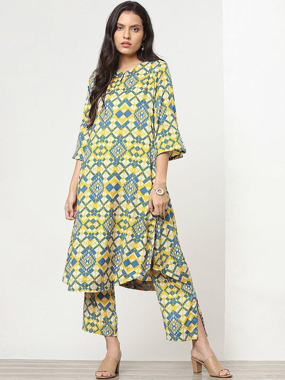 marigold lane geometric printed keyhole neck flared sleeves anarkali kurta