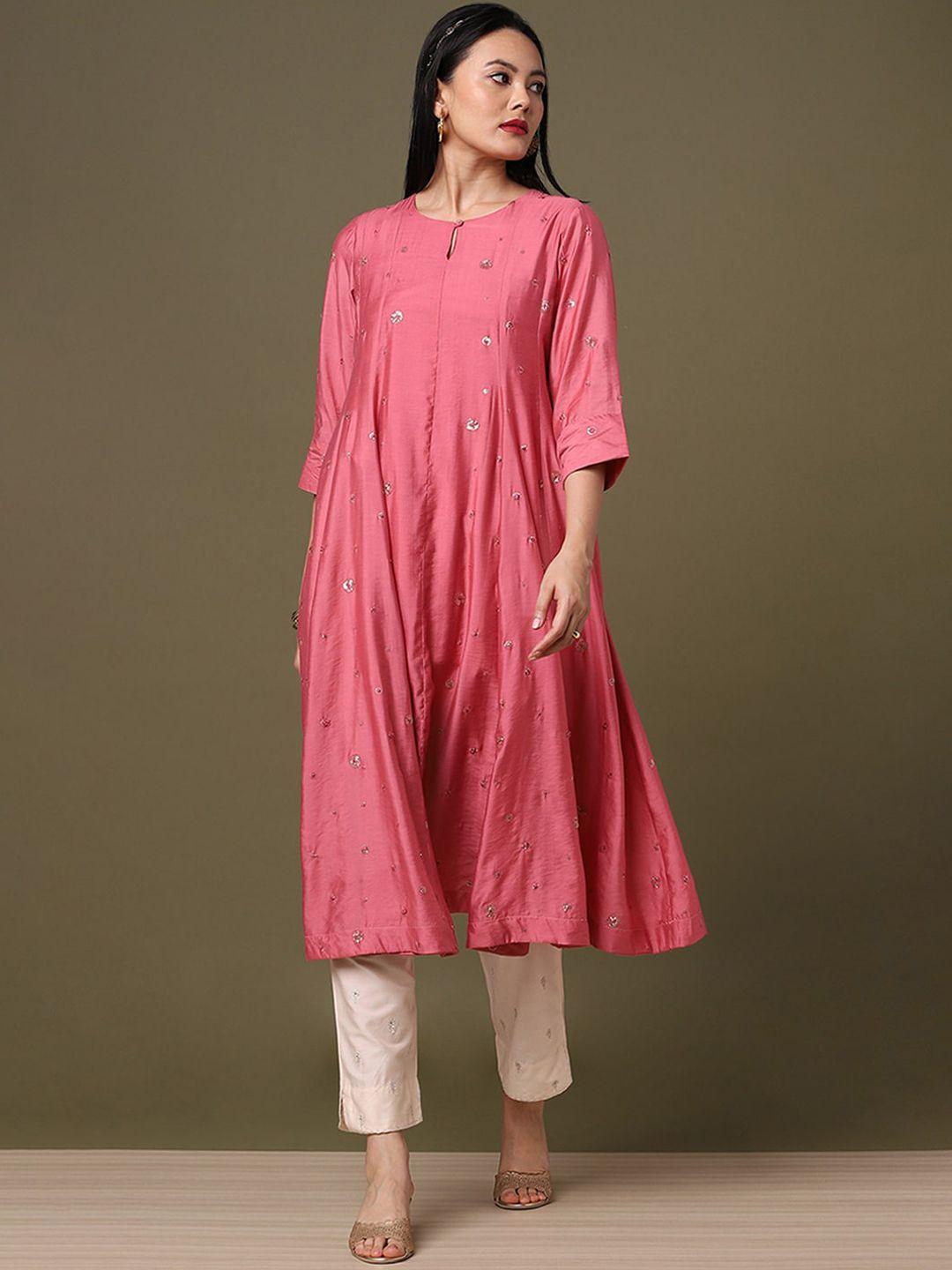 marigold lane women sequins embellished chanderi silk panelled a-line kurta