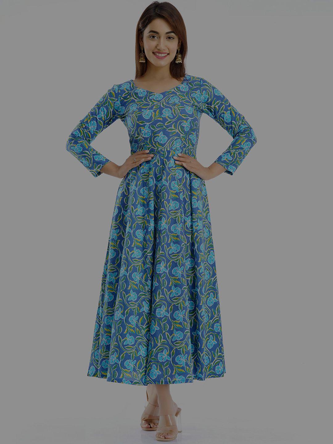 parchhai women blue printed thread work anarkali kurta