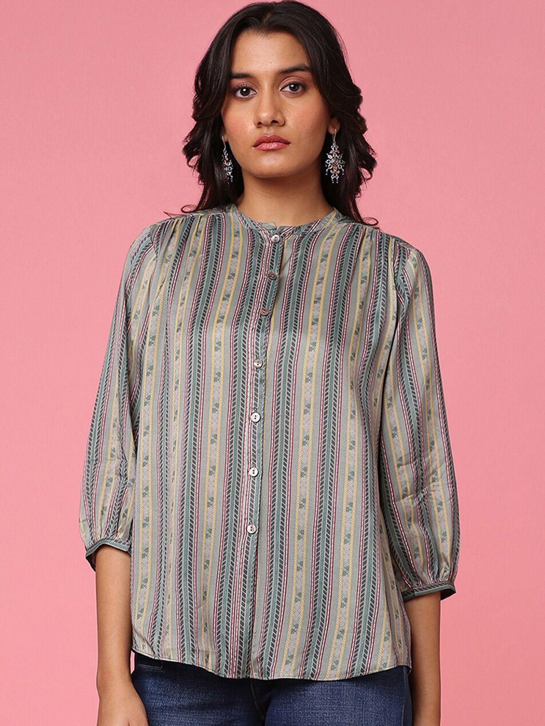 marigold lane striped band collar shirt style top