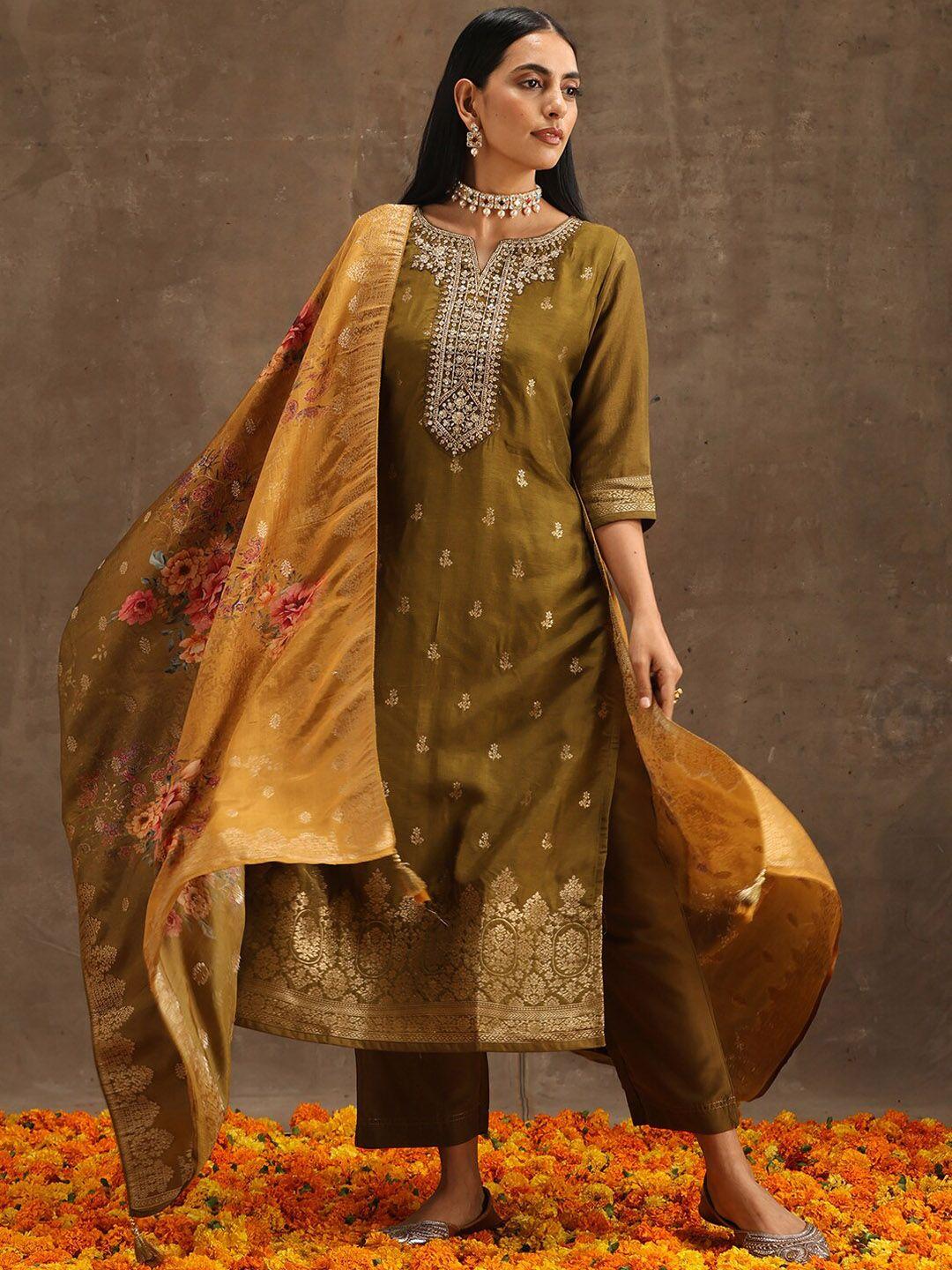 libas floral regular pure silk kurta with trousers & with dupatta