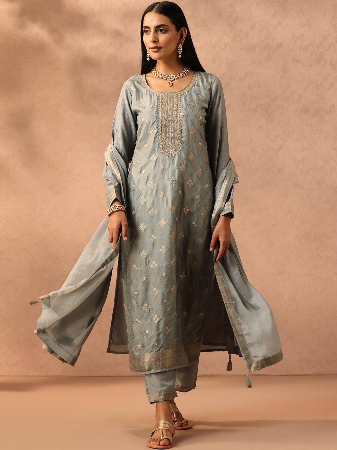 libas women grey floral regular kurta with trousers & with dupatta