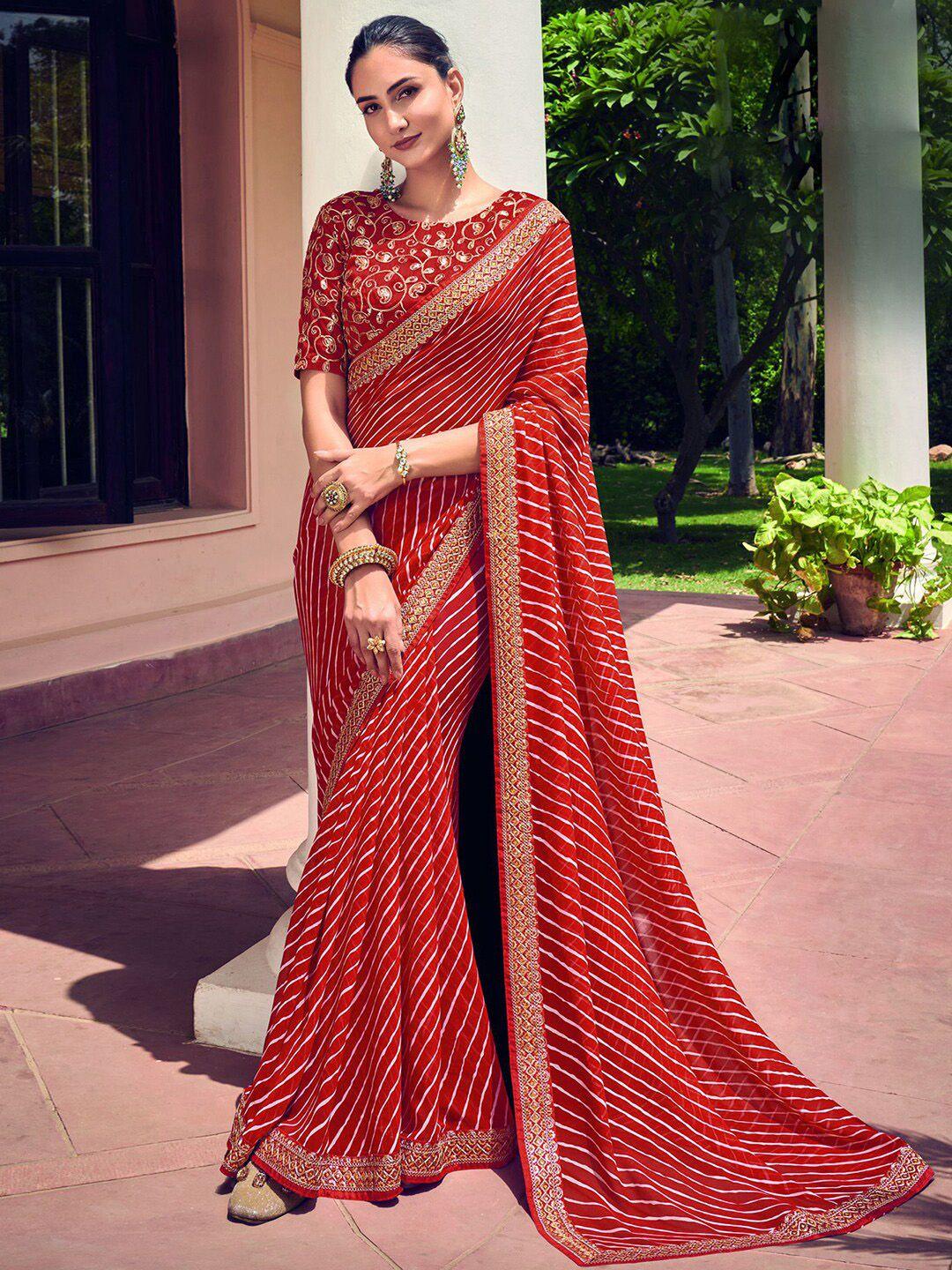 mitera red & white leheriya printed poly georgette leheriya saree