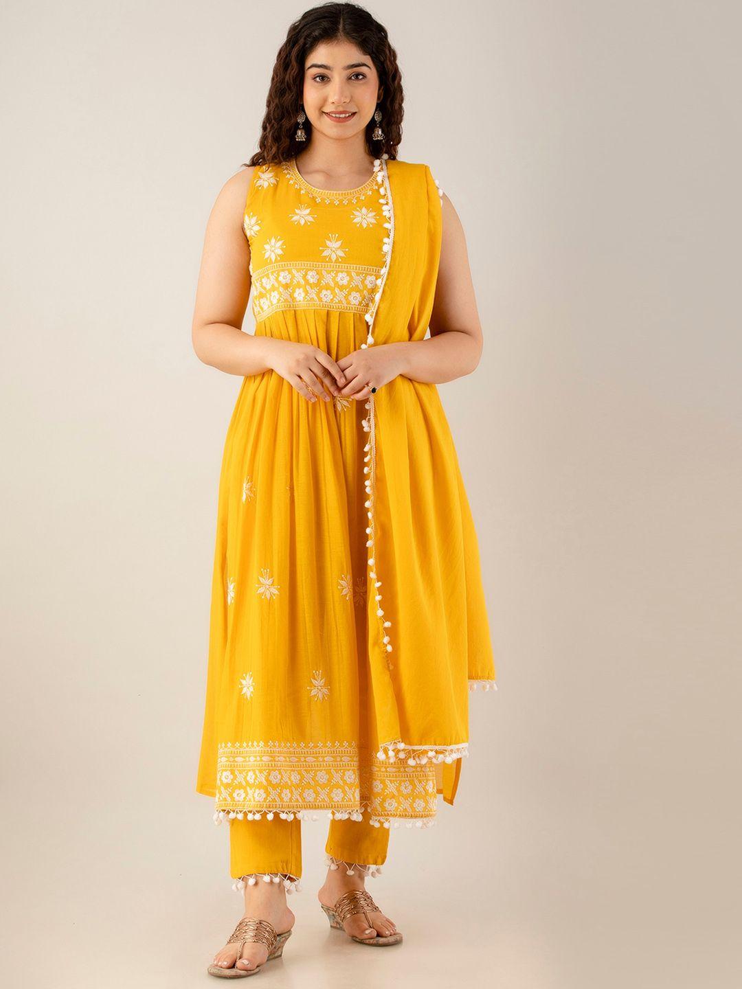 charu women mustard yellow ethnic motifs embroidered regular thread work pure cotton kurta with trousers &