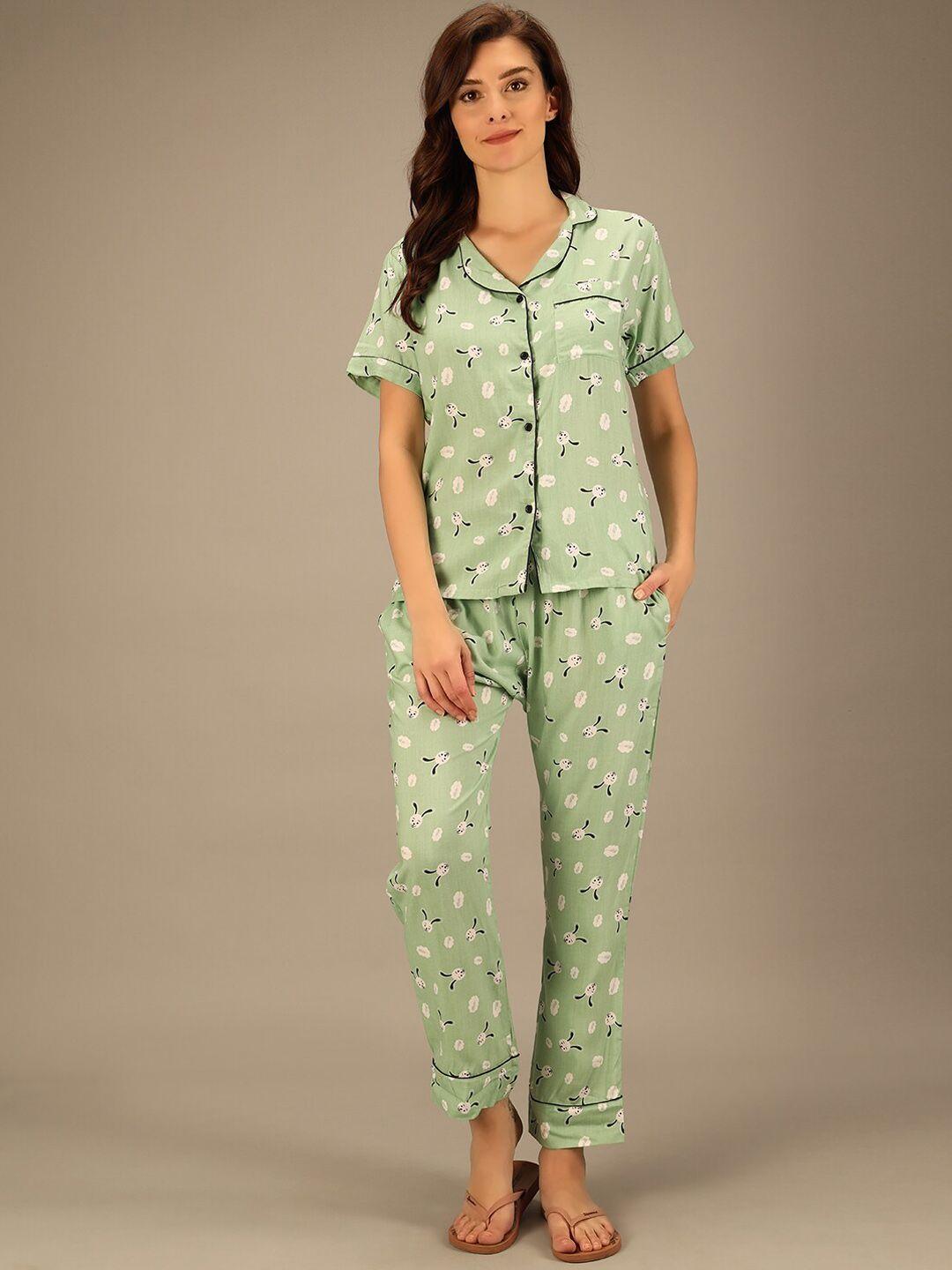 baesd women green & white printed night suit