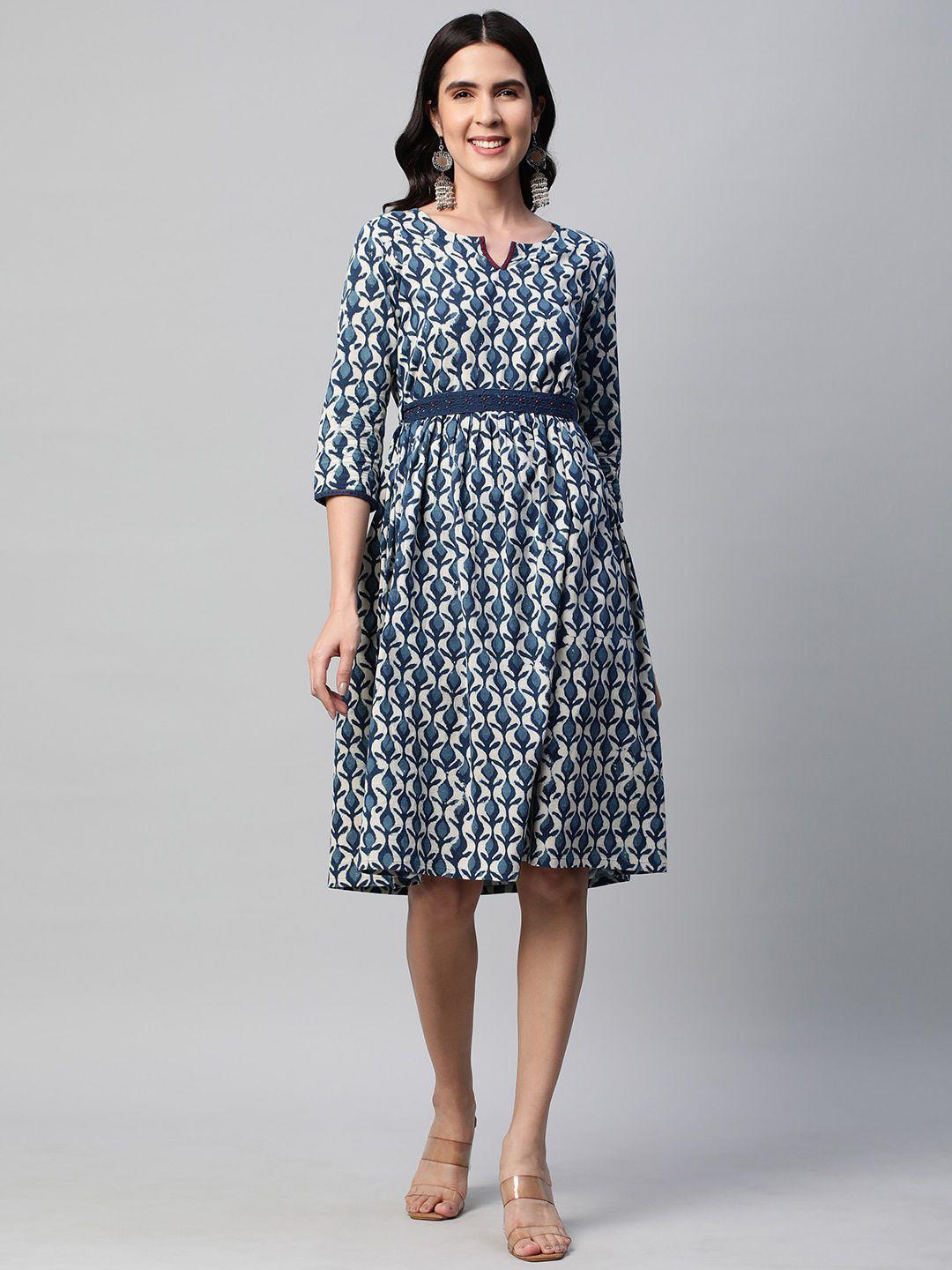 kami kubi blue print fit & flare dress