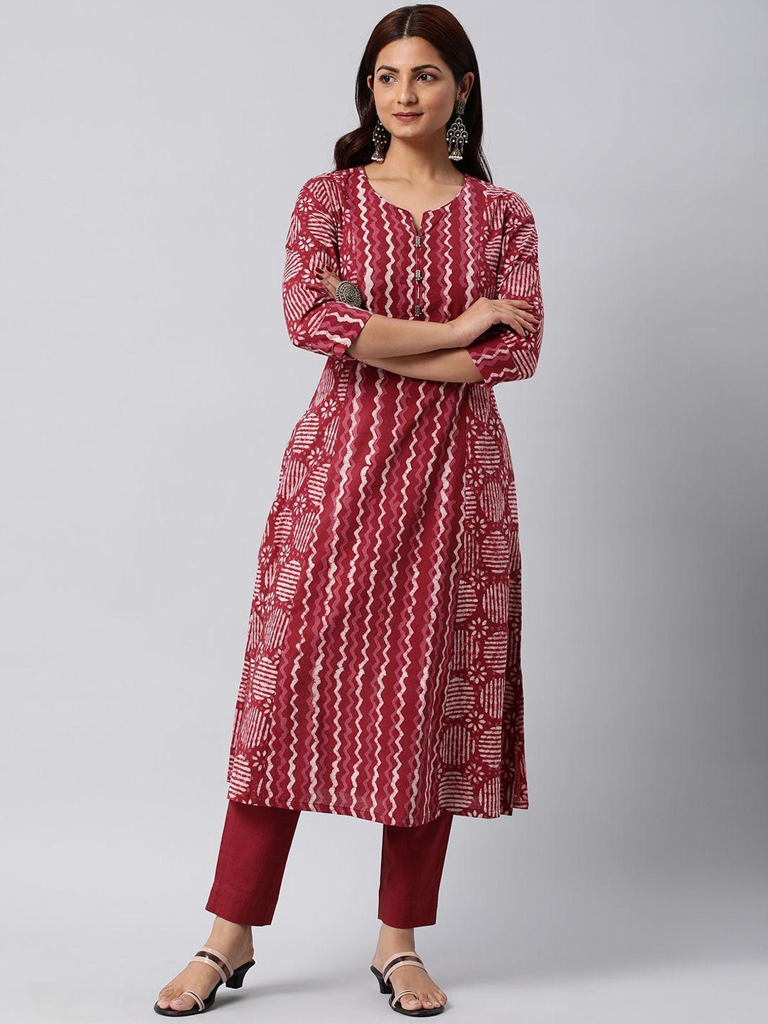 kami kubi women maroon geometric striped anarkali kurta