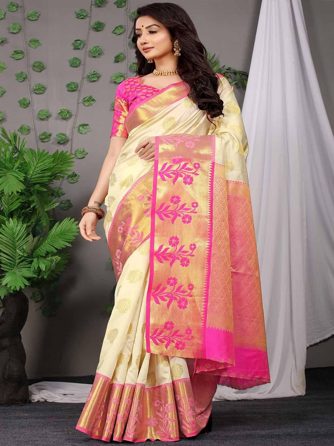 mitera cream-coloured & pink ethnic motifs woven design banarasi silk saree