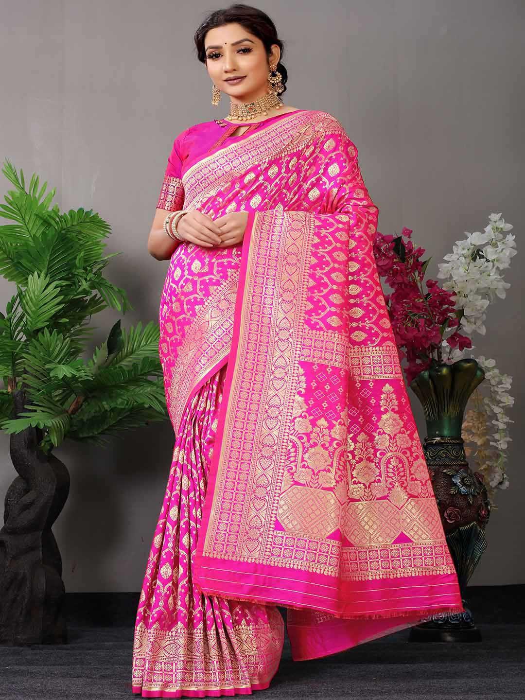 mitera pink ethnic motifs woven design art silk saree