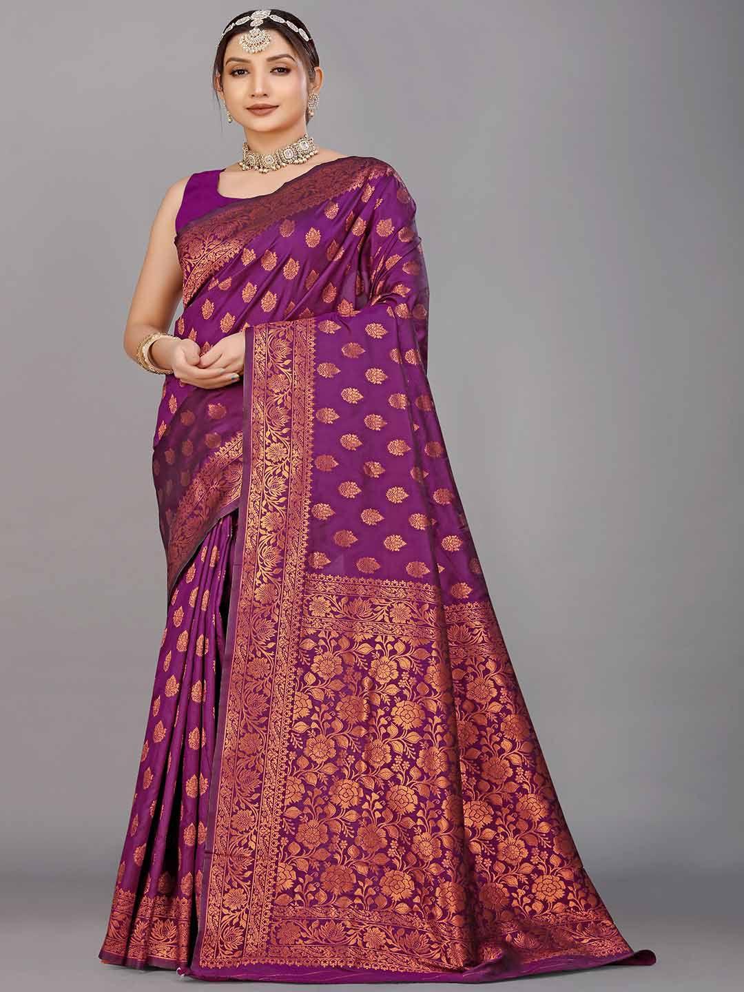 mitera purple & gold-toned ethnic motifs woven design zari saree