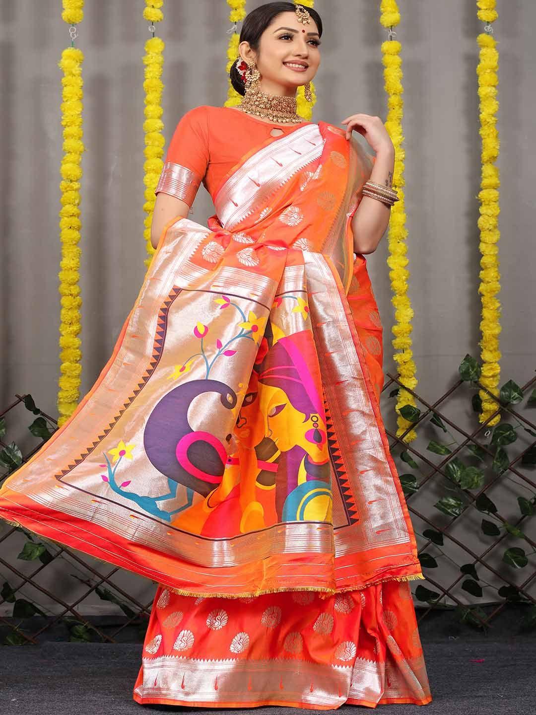 mitera orange & purple ethnic motifs woven design zari saree