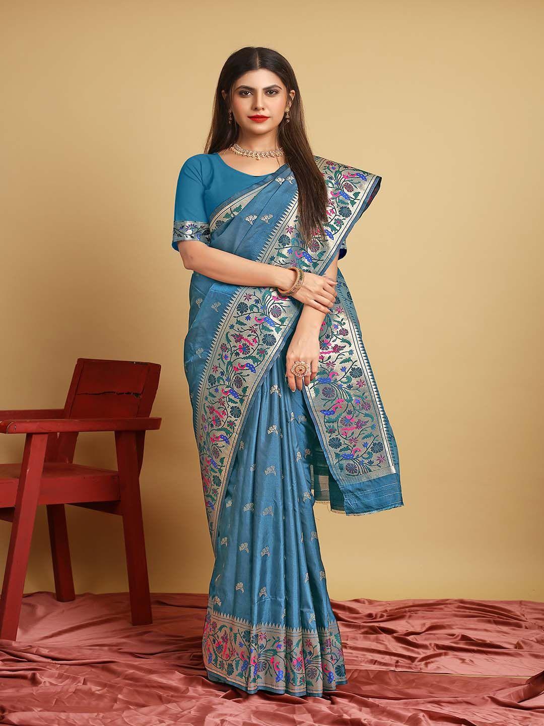 mitera blue & pink ethnic motifs woven design zari saree