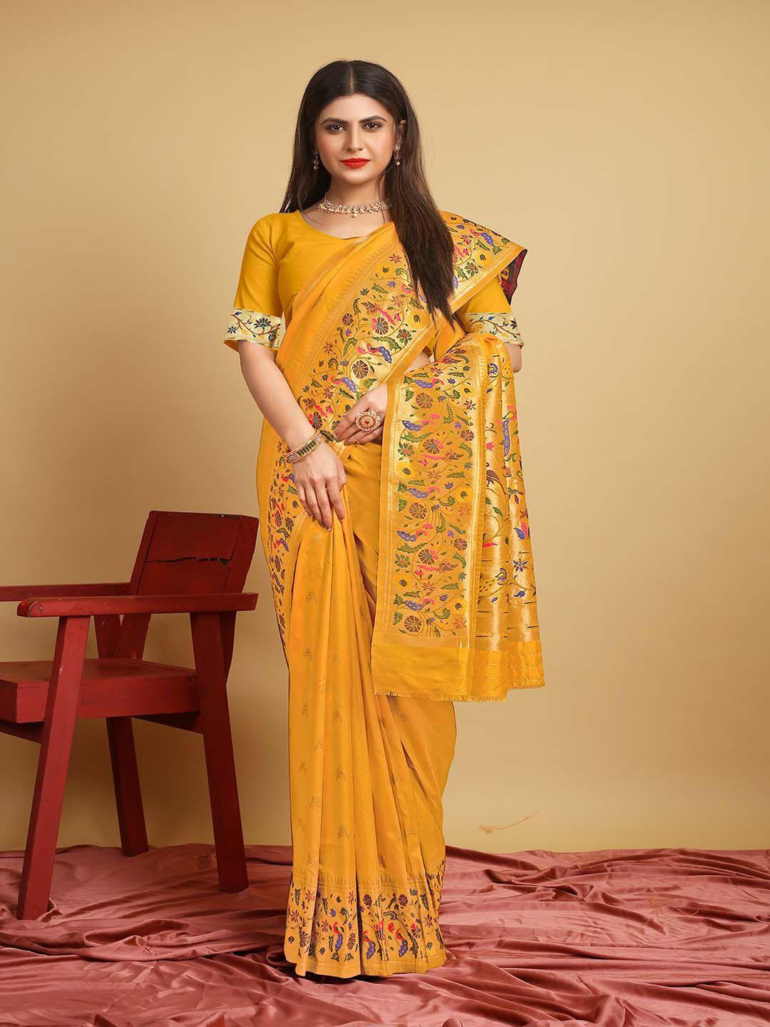 mitera yellow & green ethnic motifs woven design zari saree