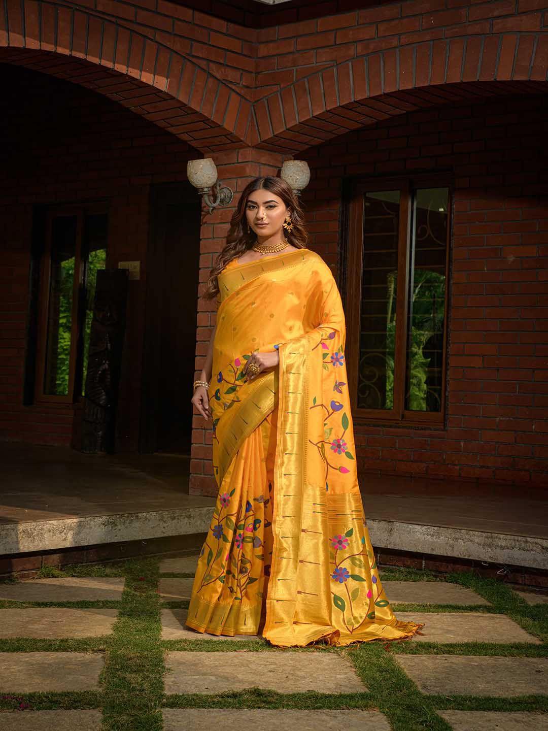 mitera yellow & gold-toned floral printed zari art silk saree