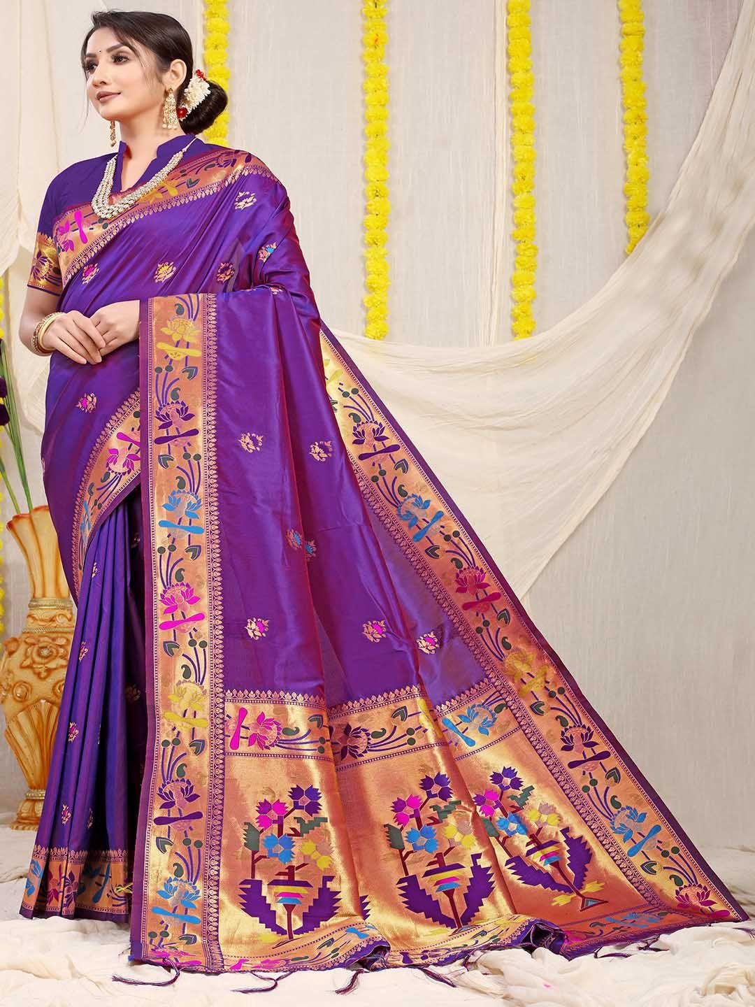 mitera purple & gold-toned woven design zari art silk saree