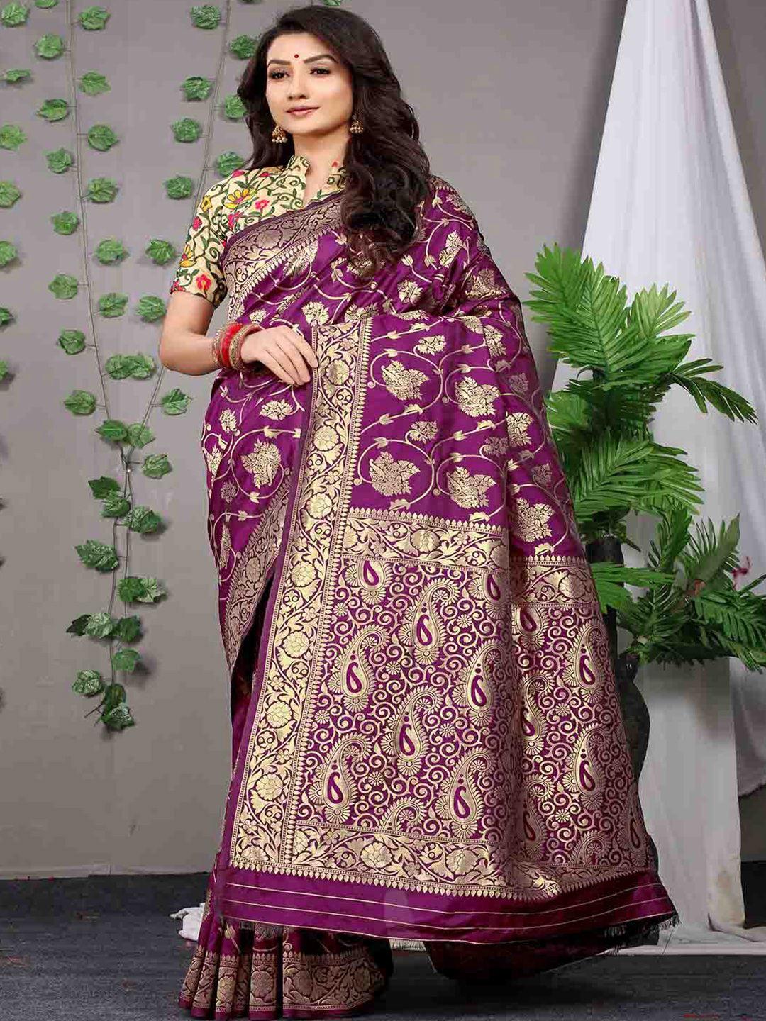 mitera magenta & gold-toned woven design saree