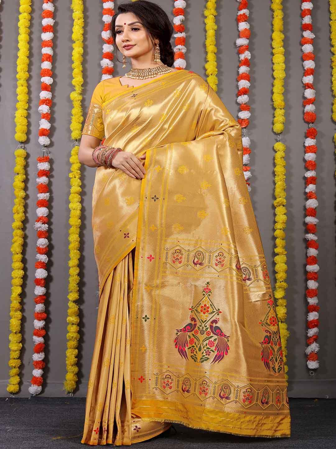 mitera yellow & gold-toned ethnic motifs woven design zari saree