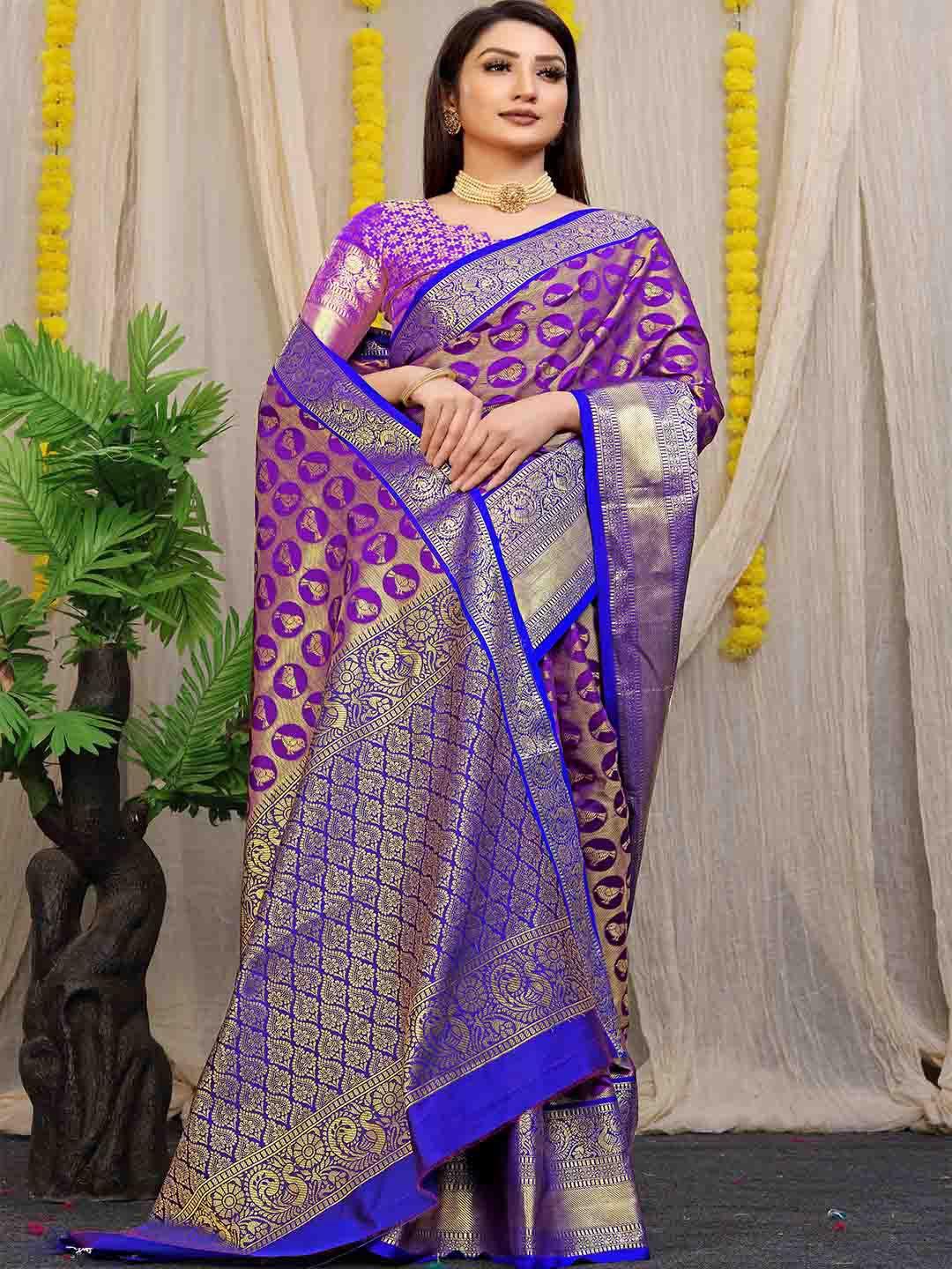 mitera purple & gold-toned woven design zari art silk saree