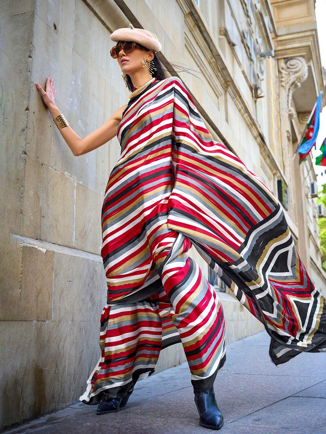 mitera red & white striped pure crepe block print saree