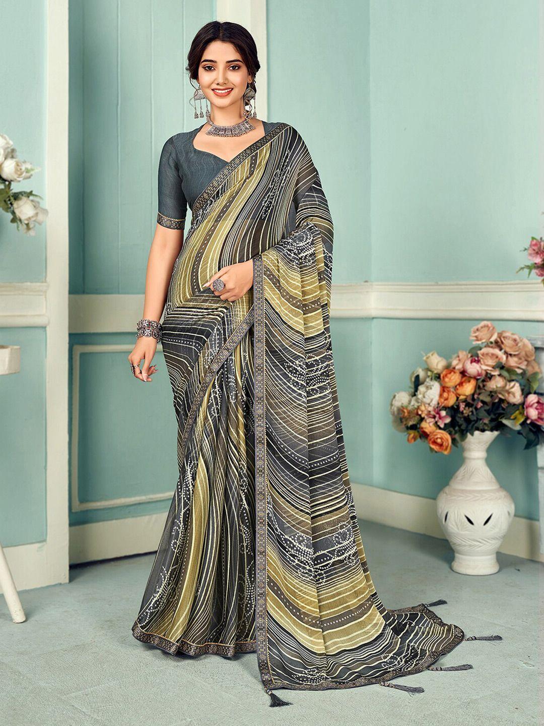 mitera grey & olive green ethnic motifs poly chiffon saree