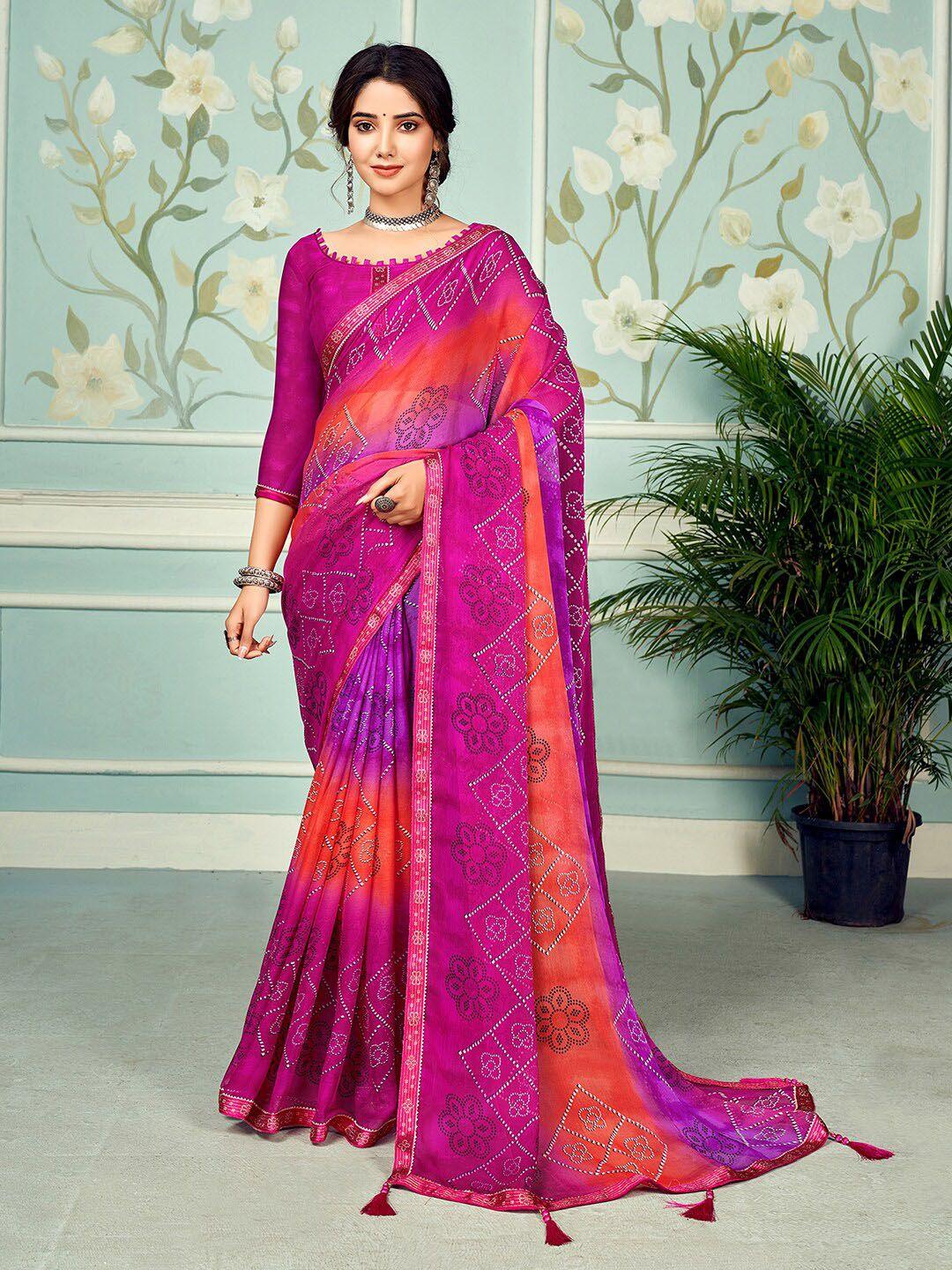 mitera purple & orange bandhani poly chiffon bandhani saree