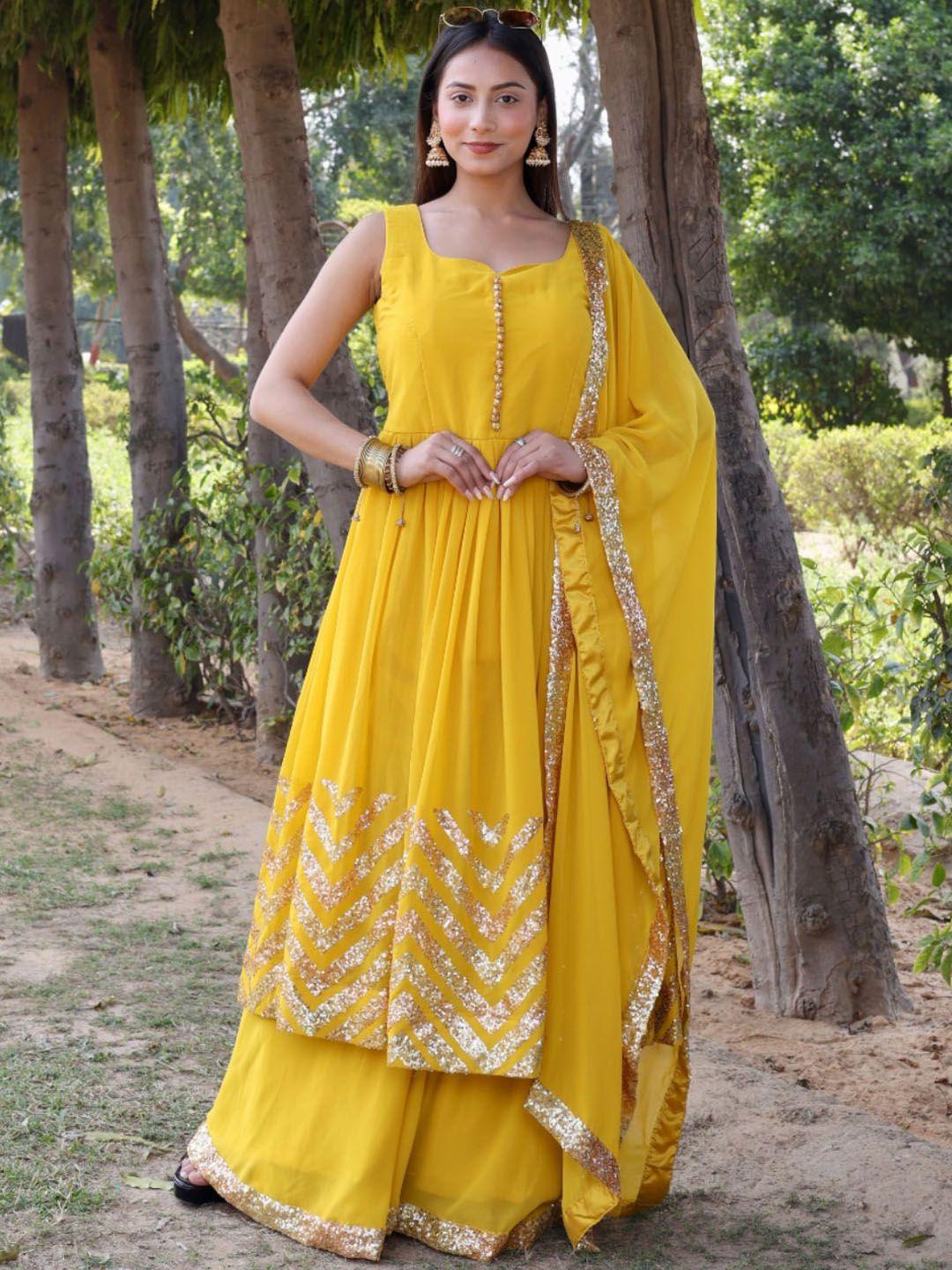 chhabra 555 yellow sequinned anarkali kurta with palazzo & dupatta