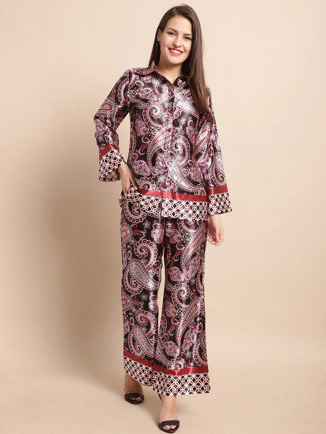 claura black & purple ethnic motifs printed shirt with trousers