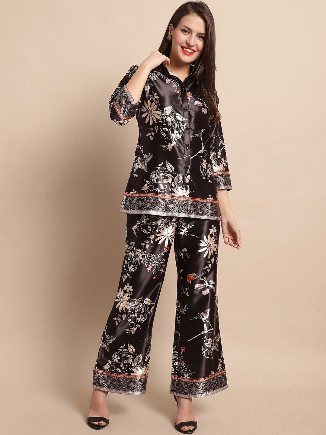 claura black & white floral printed shirt with trousers