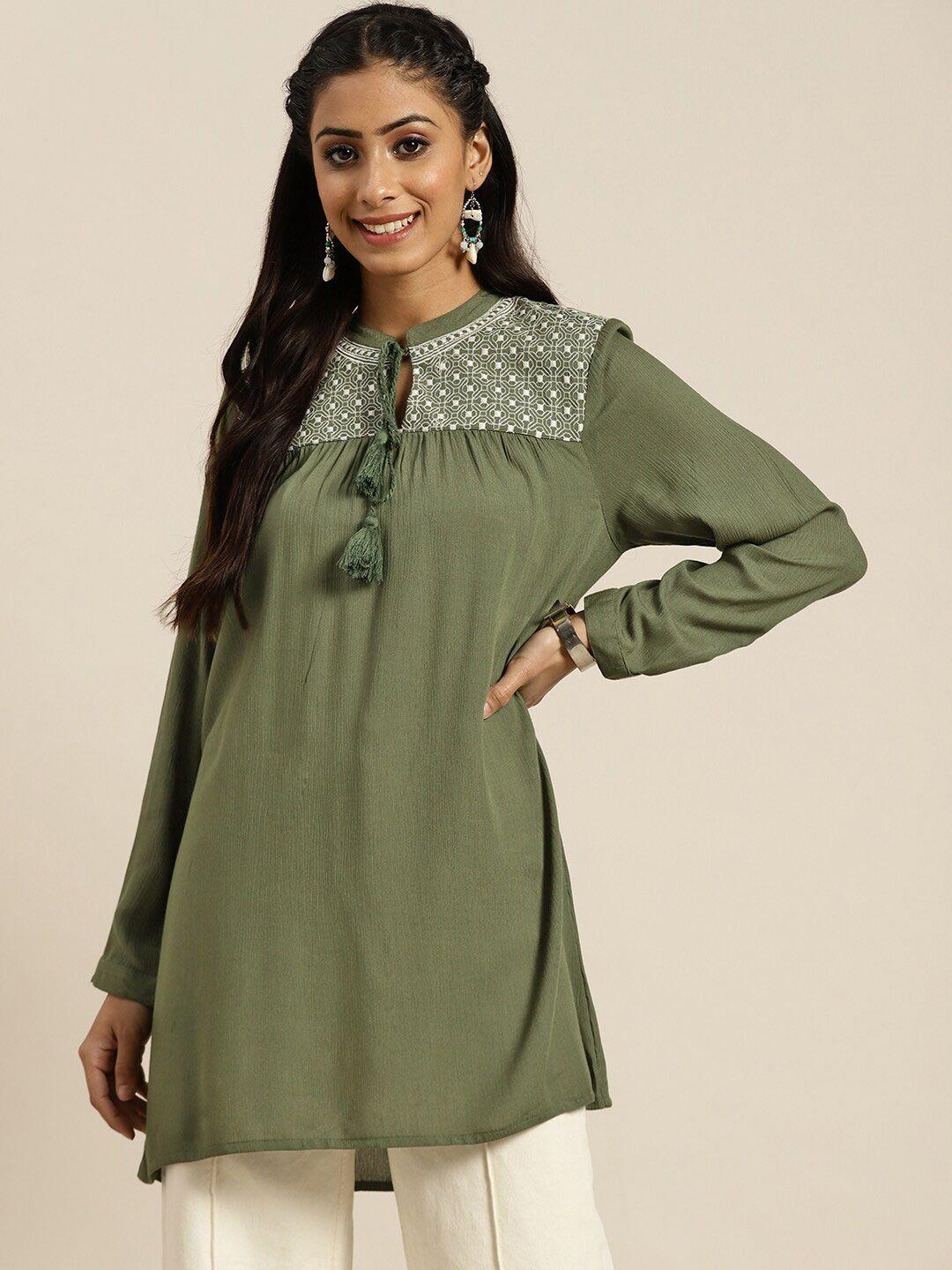 sangria olive green geometric yoke design kurti